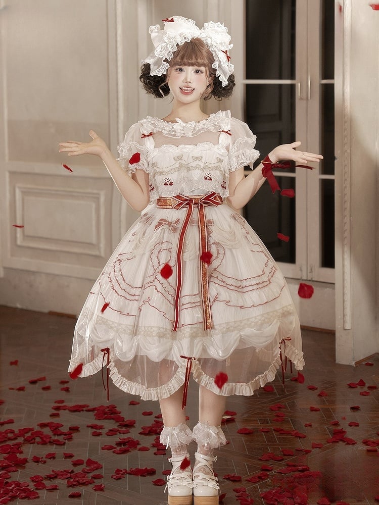 Bowknots Scalloped Red White Edge and Dress Cherry Lolita Embroidered with Overlay Trim Hime