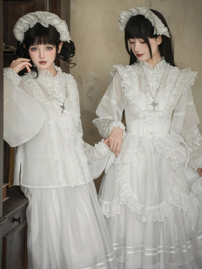 ブラウス 半袖 花柄ネックライン 刺繍 白蛇とロリータ ロングフリル