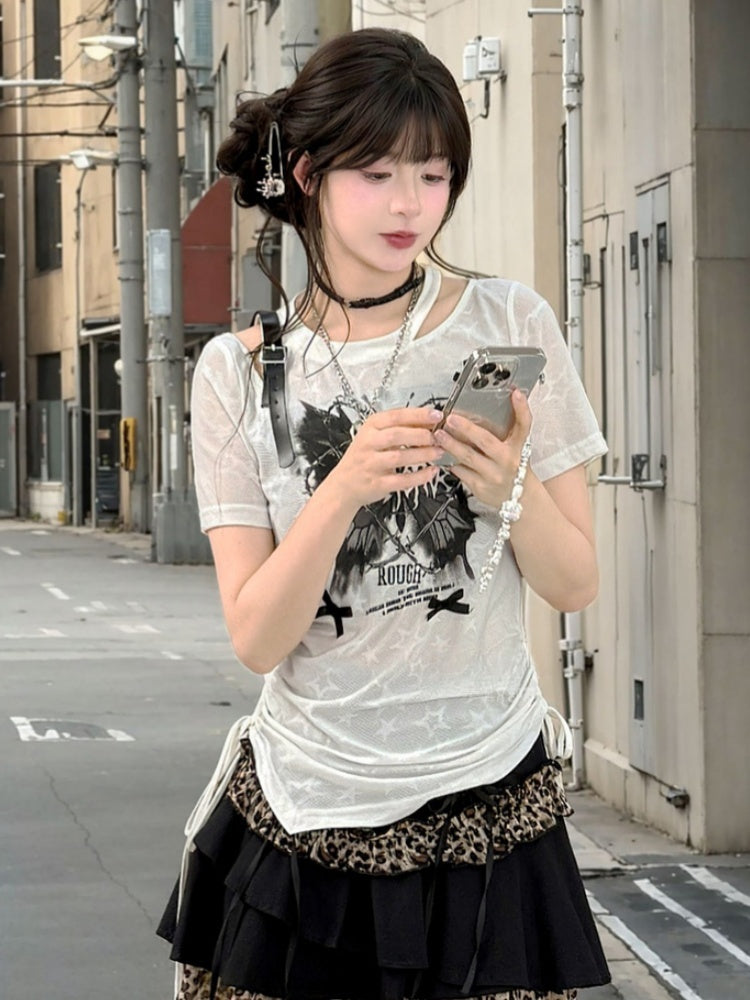 Butterfly Y2K White Semi-sheer PU Print Buckle T-shirt Waist Drawstring Strap Glamorous