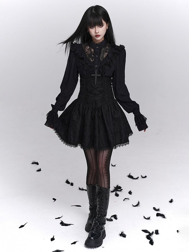 Floral Embroidery A-Line with Skirt Gothic Black Trim Lace