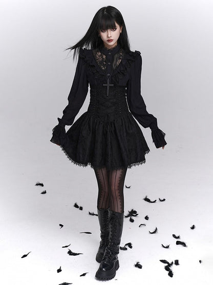Floral Embroidery A-Line with Skirt Gothic Black Trim Lace