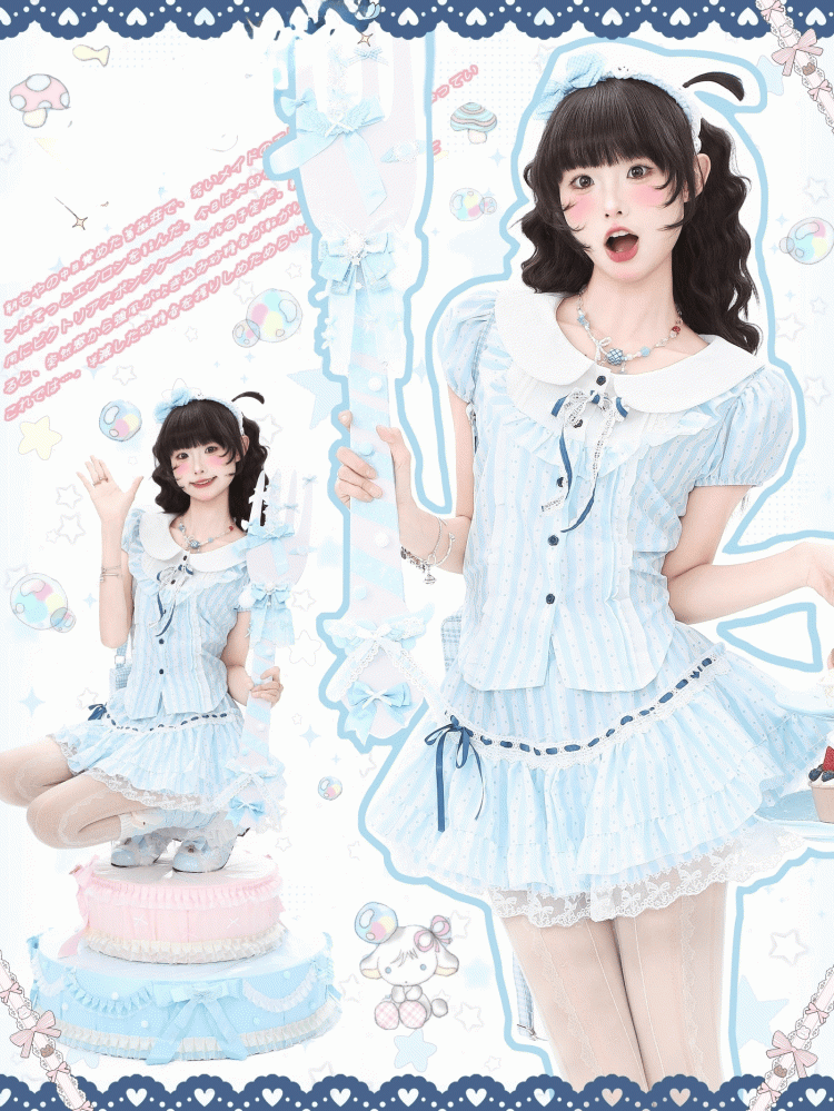 Peter with Striped Pan Polka Blue Collar Puff and Dot Blouse Sweet Sleeves