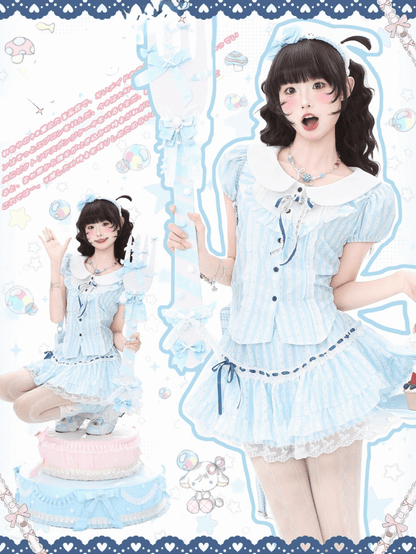 Peter with Striped Pan Polka Blue Collar Puff and Dot Blouse Sweet Sleeves