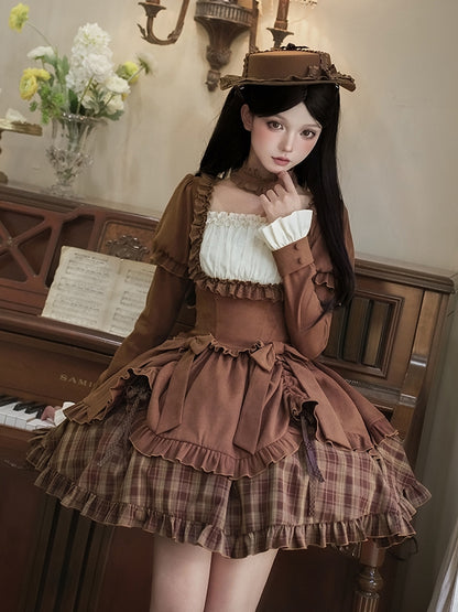 Autumn Hat Bows + Lollita OP Elegant Choker Set Version Short Coffee Detachable -