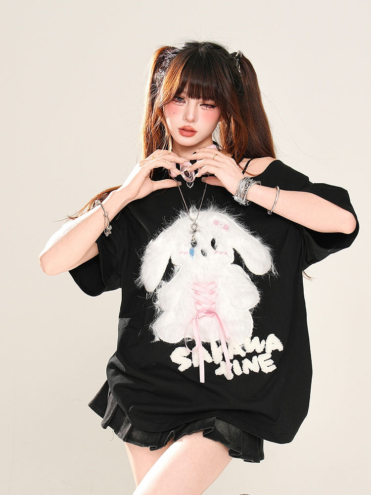 Plush Bunny Applique Criss-cross Design Cutout Shoulder Pink/Blue/Black Loose T-Shirt