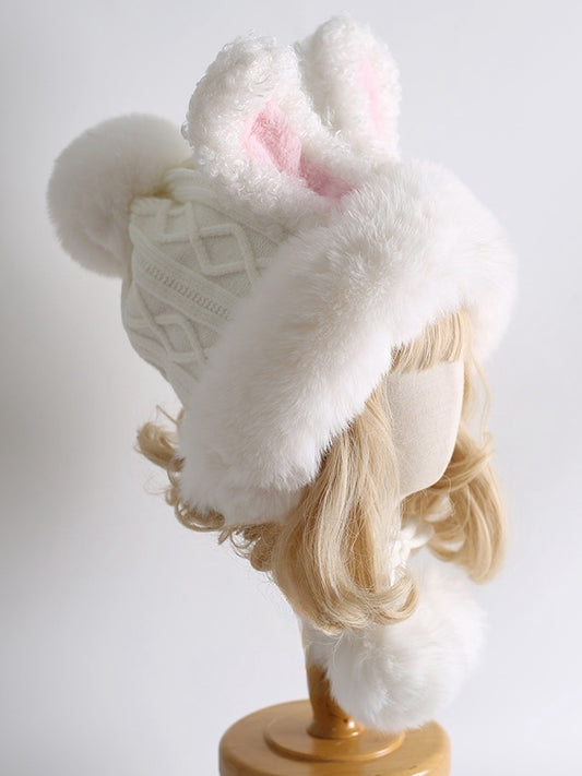 White Sweet Lolita Bunny Ears Knitted Plush Hat With Pompons