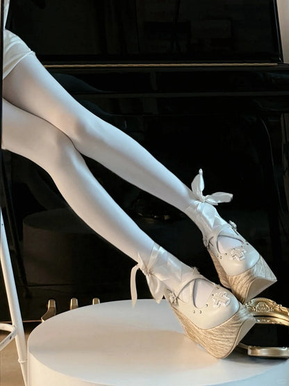 and Cross Gothic Lace-up Platform Shoes with Criss-cross Buckle Strap White Applique