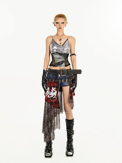 Y2K Skirt Belts Print with Plaid Punk Graffiti Chain Asymmetrical Red