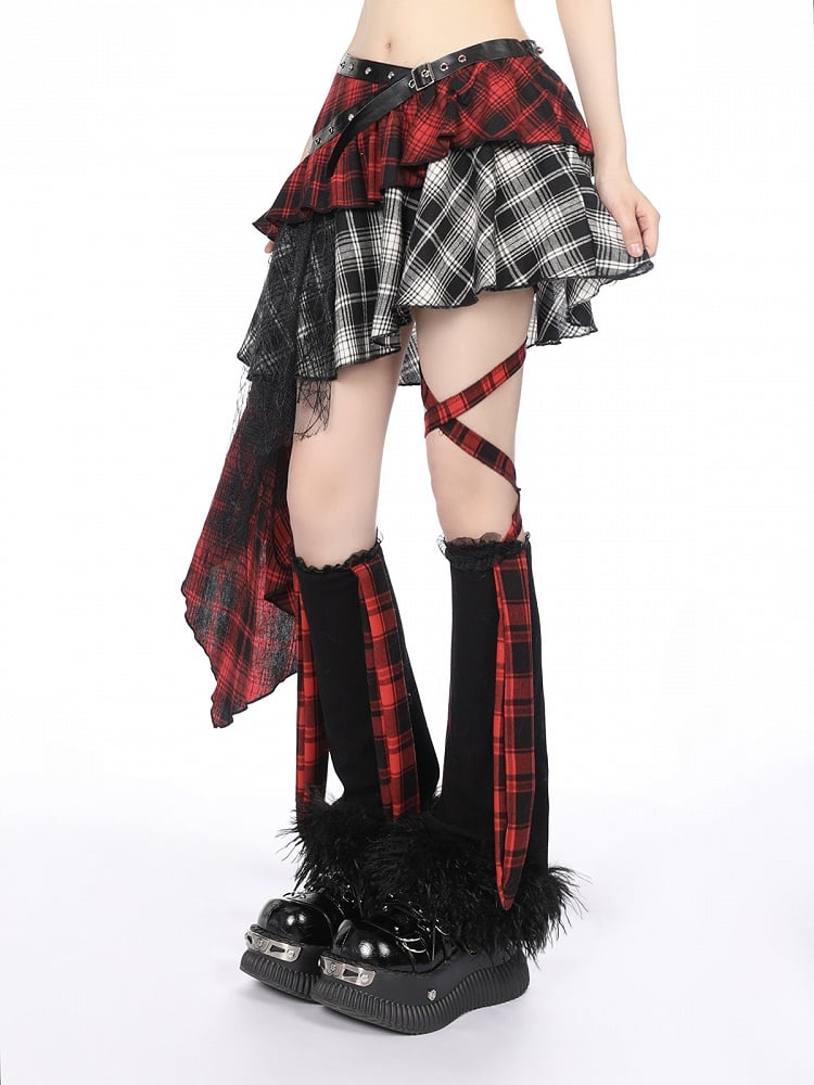 Asymmetrical Red  White Plaid Tiered Skirt with Cascading Lace Ruffle Trim