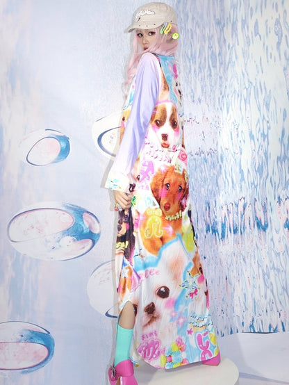 Shirt Length Y2K Puppy Ankle Dress Color Rainbow Print