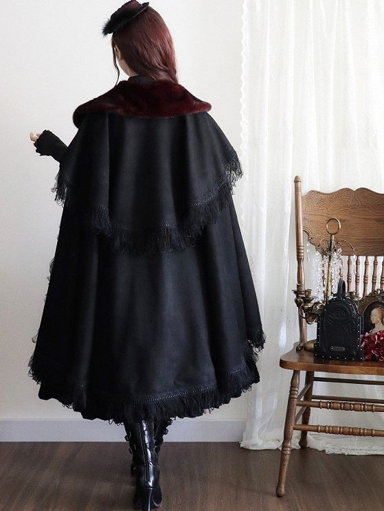 Neckline Embroidered Square Dress+Blouse+Cape+Brooch Set Red Lolita Black Gothic