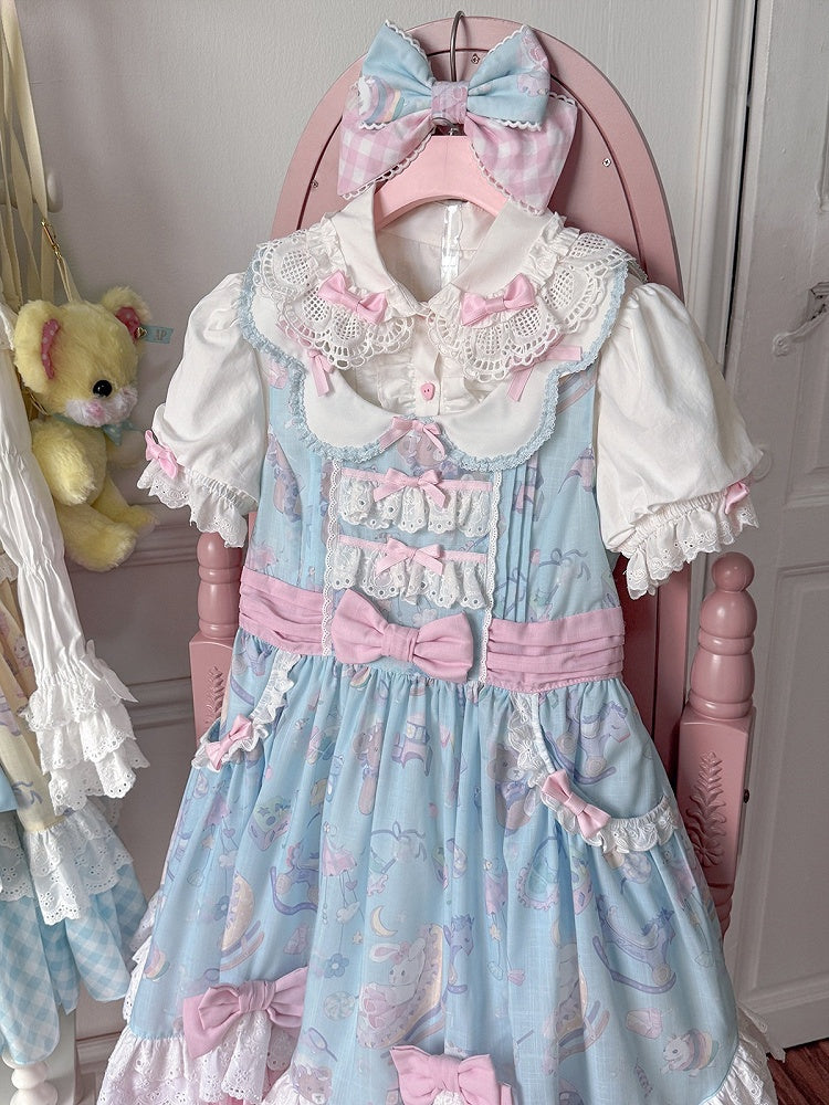 Adorable Lolita JSK Gown in Blue and Pink with Bow and Pocket Accents - Vcastle