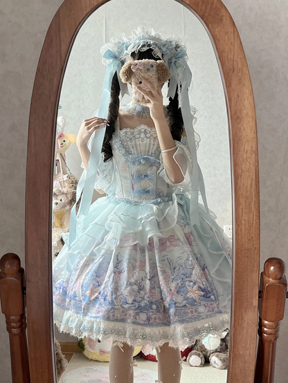 Blue Pearl Marine Print Lace Trimmed Sweet Lolita Jumper Skirt - PG Lullaby