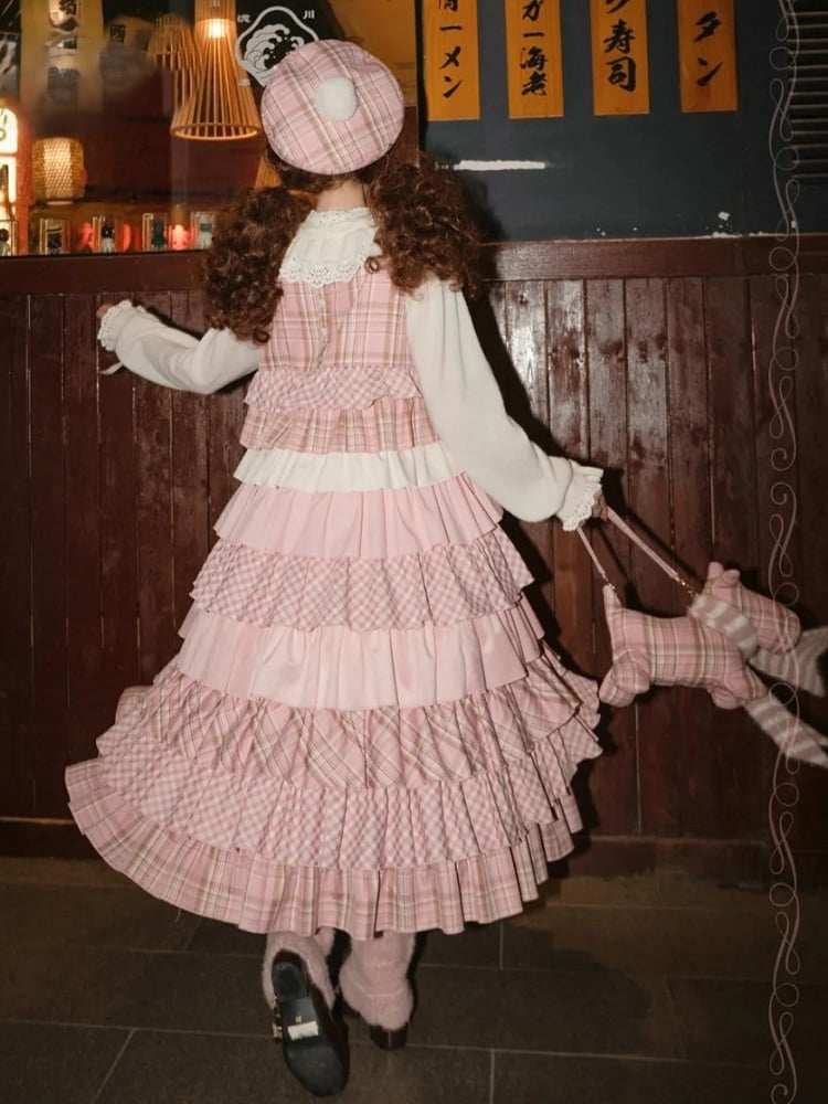 Layered Long Jumper Skirt in Pink Plaid Patchwork with Bowknot Brooch - iris de nuit