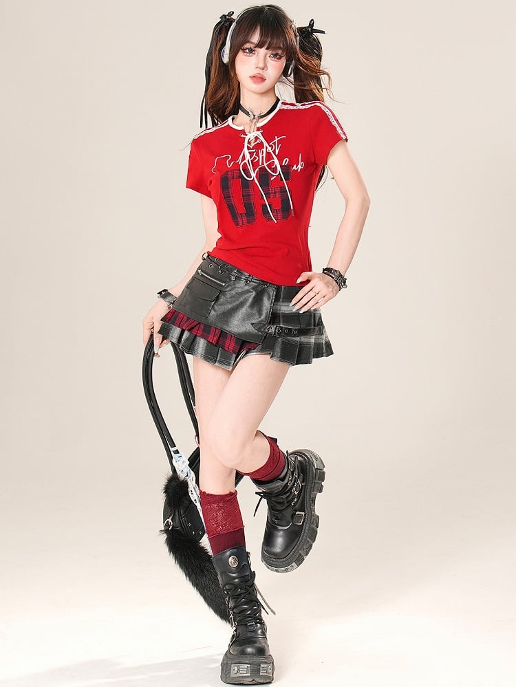 アップリケTシャツ コア チェック柄 レッドディテール レースアップ パターントリム ブロケット レースナンバー