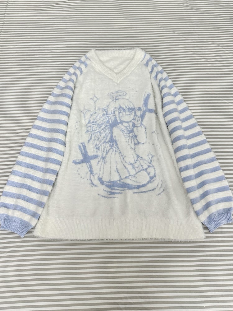 Tenshi Kaiwai Blue and White Angel Graphic V-neck Loose Sweater
