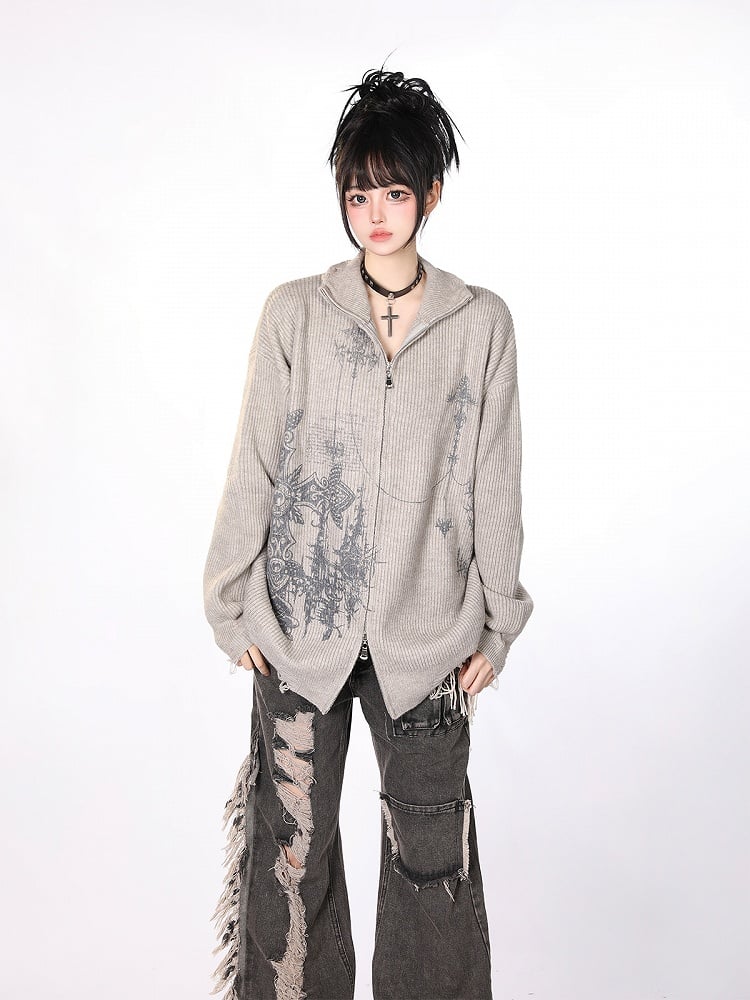 Edgy Gothic Cross Print Gray Distressed Oversized Cardigan Sweater
