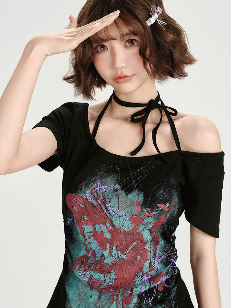 Retro Off-the-shoulder Short Sleeve Top with Halter Neckline Design - Girlyhalo
