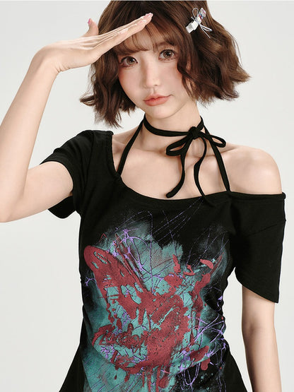 Retro Off-the-shoulder Short Sleeve Top with Halter Neckline Design - Girlyhalo