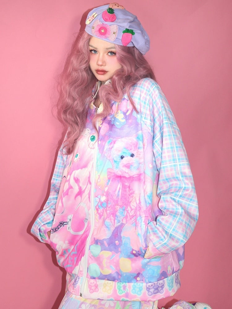 アイジャケット かわいいチェック柄クマとカラフルなパターングロプリント