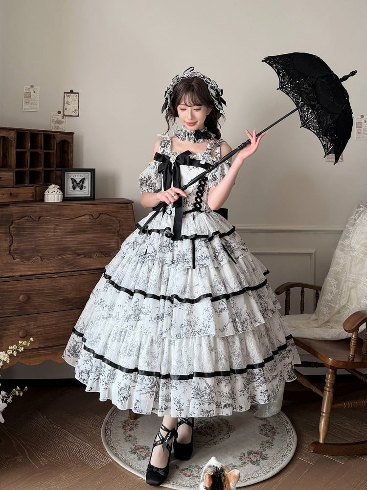 Elegant Hanayome-Style Black & White Porcelain-Inspired 120CM-Length Lolita Princess Dress - Sleepless Star