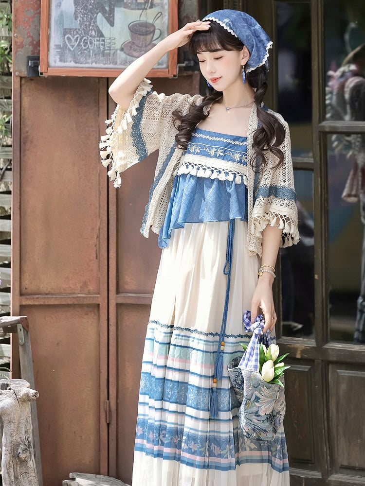 White and Blue Lace Tassel Cardigan with Floral Print Sleeveless Pleated Dress - Han Ru Chu Hanfu &amp; Han-Element Studi