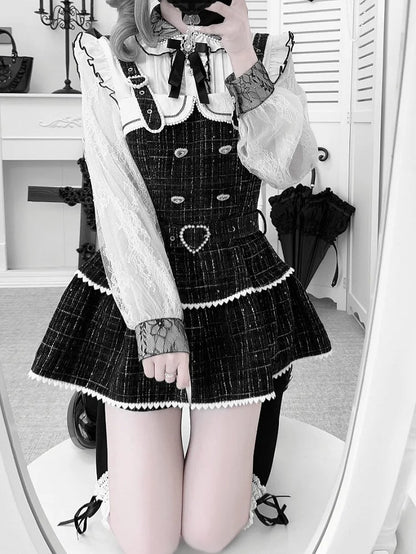 Tweed Jirai Dress Beaded Set: Heart Clasps Strap Overall Black Kei