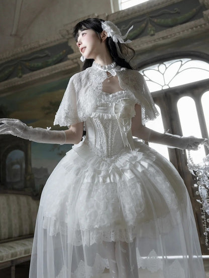 White Hime Lolita Elegant JSK Set with Cape and Overlay - Airfreeing