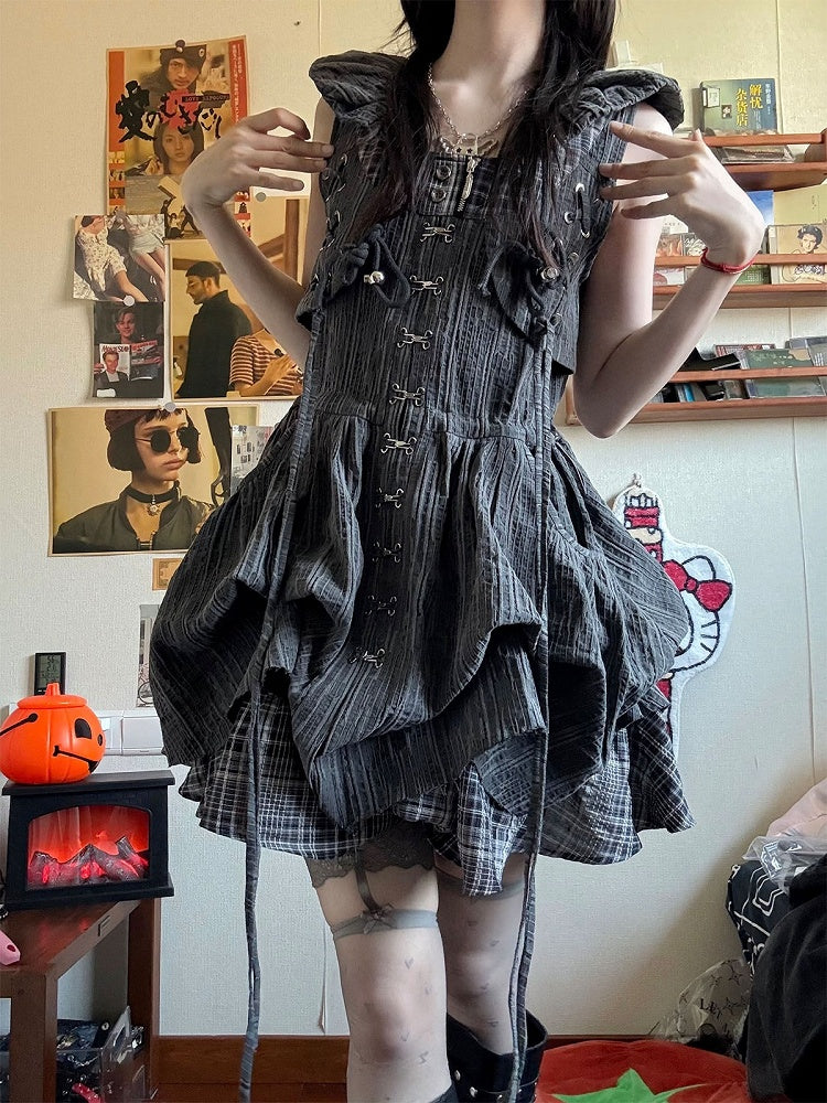 Dark Gray Plaid Fake Two-Piece Sleeveless Bubble Dress - Blazed Field
