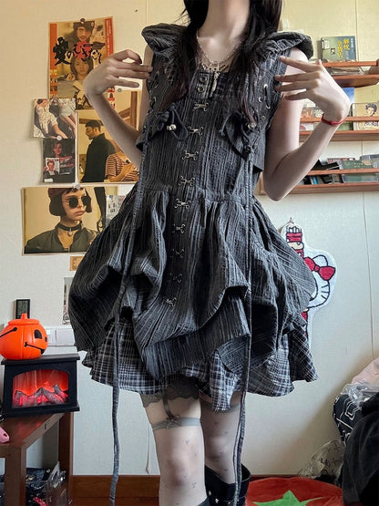 Dark Gray Plaid Fake Two-Piece Sleeveless Bubble Dress - Blazed Field