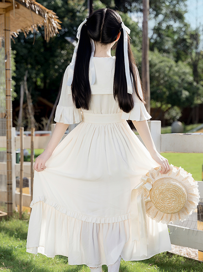 Trim White Ruffle Preppy Dress with Collar Sailor Midi