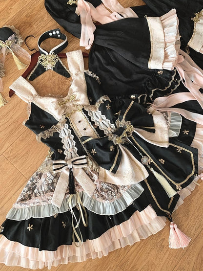 Black and Pink Corset Waist Qi Lolita Dress with Big Bow