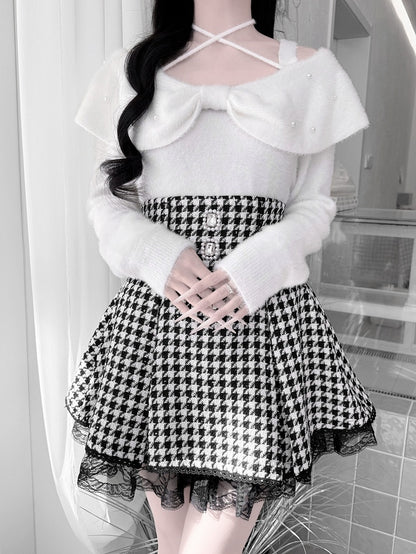 Mink Collar Convertible Kei White Fresh Plush Sweater: Pure in Jirai Bow Two Styles for Aesthetic