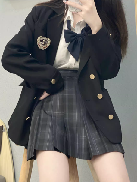 Gray Dark Plaid 45CM Pattern Pleated Uniform JK Skirt