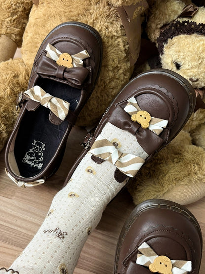 Design PU - and Kuma-themed with 2cm Flat Ear Shoes Strap Lolita Bear Brown Striped Bow