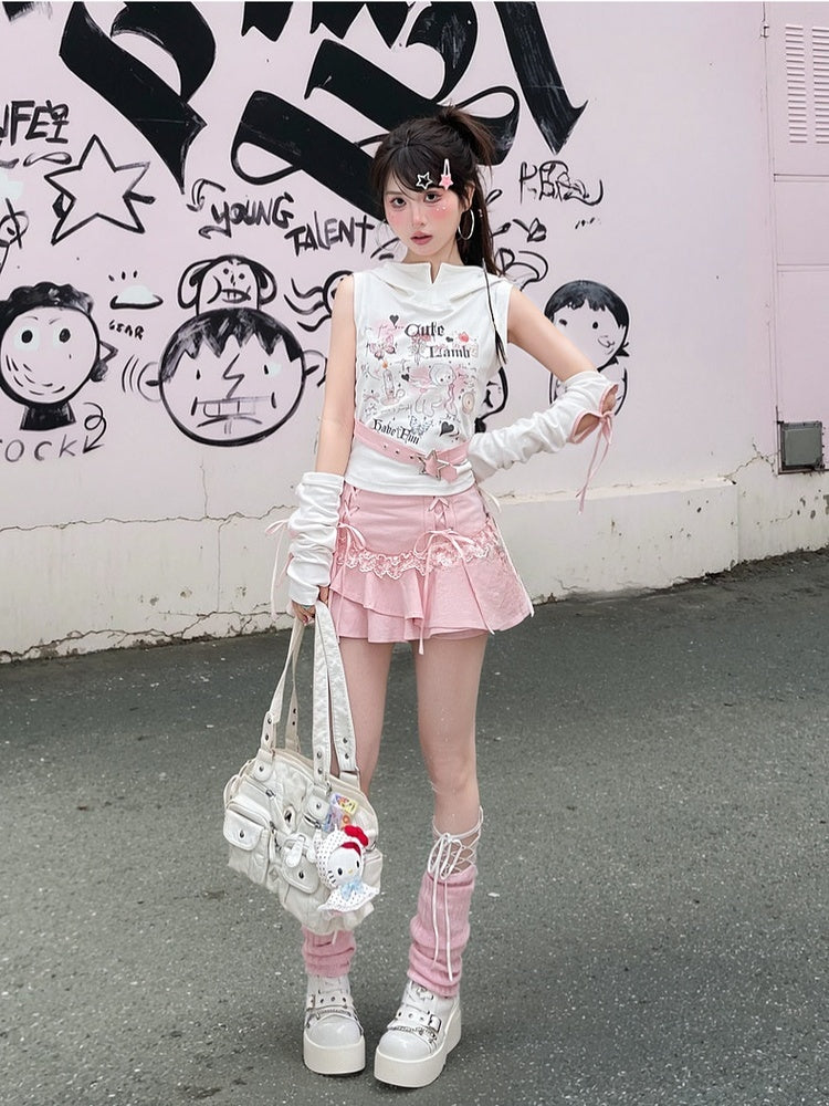 Buckle Armwear Lamb Print White Hooded Free Y2K Cute Tank Top with Star