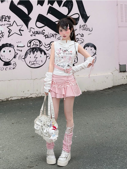 Buckle Armwear Lamb Print White Hooded Free Y2K Cute Tank Top with Star