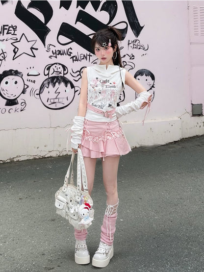 Stufenrock mit Schnürdetails Pink Y2K Asymmetrisch Kawaii Yume