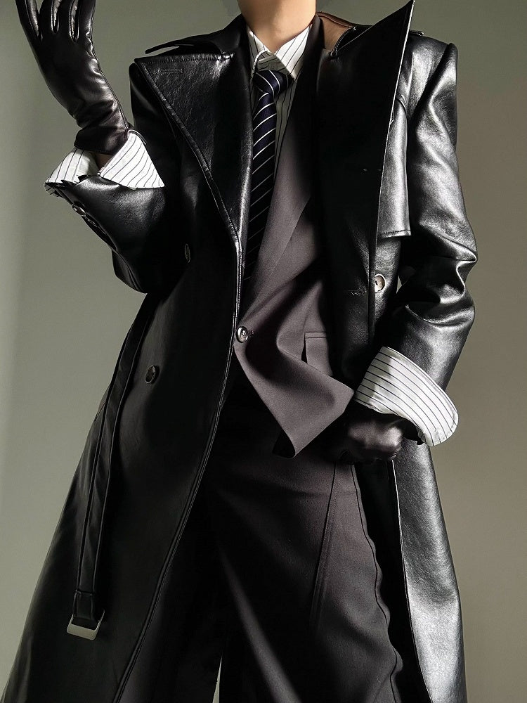 Coat Front with Button PU Dual-Wear Black Design Waist Ouji Set Belt