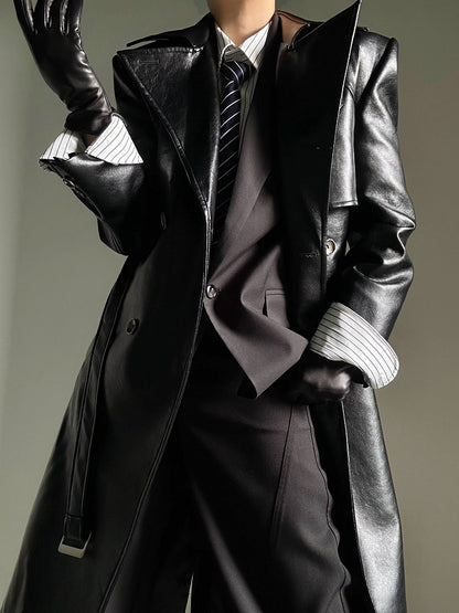 Coat Front with Button PU Dual-Wear Black Design Waist Ouji Set Belt