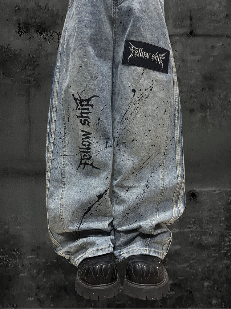 Letter Distressed Wide-leg Punk Stripes with Jeans Wasteland Pattern Light Blue