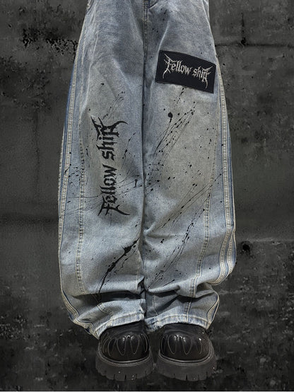 Letter Distressed Wide-leg Punk Stripes with Jeans Wasteland Pattern Light Blue