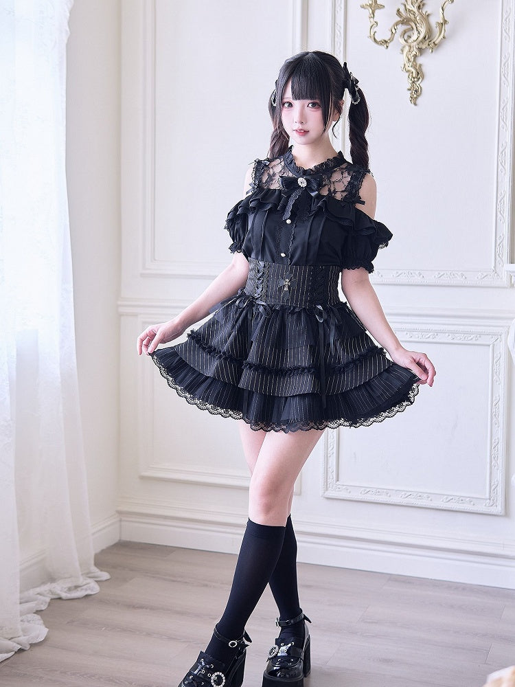 with Jirai Neckline Blouse Inspired Black Cutouts Kei Illusion Shoulder