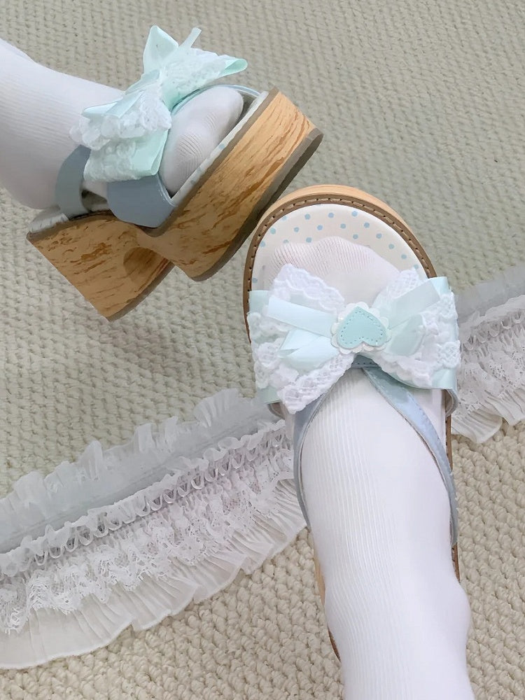 Lolita - Top Bow Slippers Satin Sole Mint Grain Wa at Platform Wood