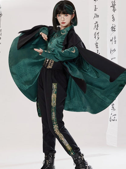 Jacquard Chinese Unisex Snakeskin Shirt Embroidery Style Green with