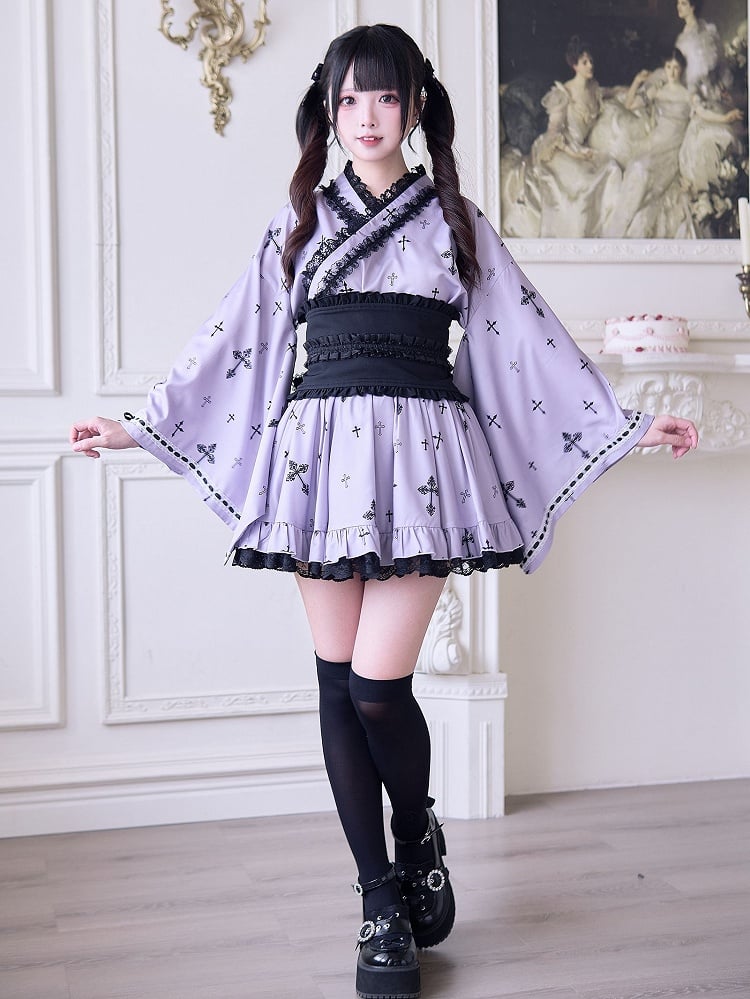Sleeves Cross and Wrap Black Jirai Purple Gothic with Print Bell Style Top Kei Kimono-Inspired