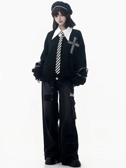 Black Cross Detachable Sleeves Cardigan Knit Criss-cross with