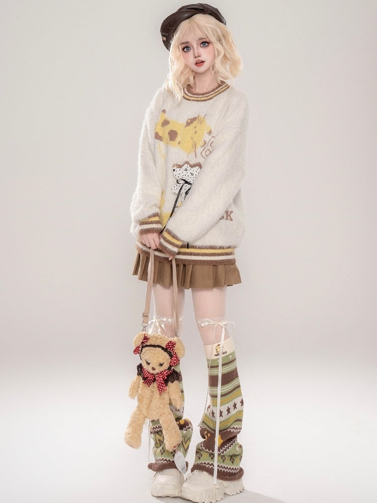 かわいい子犬が飾られたコーヒー/アプリコットの子犬柄ラウンドネックモヘアセーター