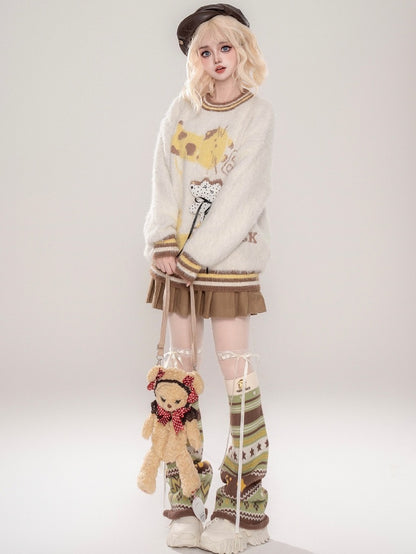 かわいい子犬が飾られたコーヒー/アプリコットの子犬柄ラウンドネックモヘアセーター