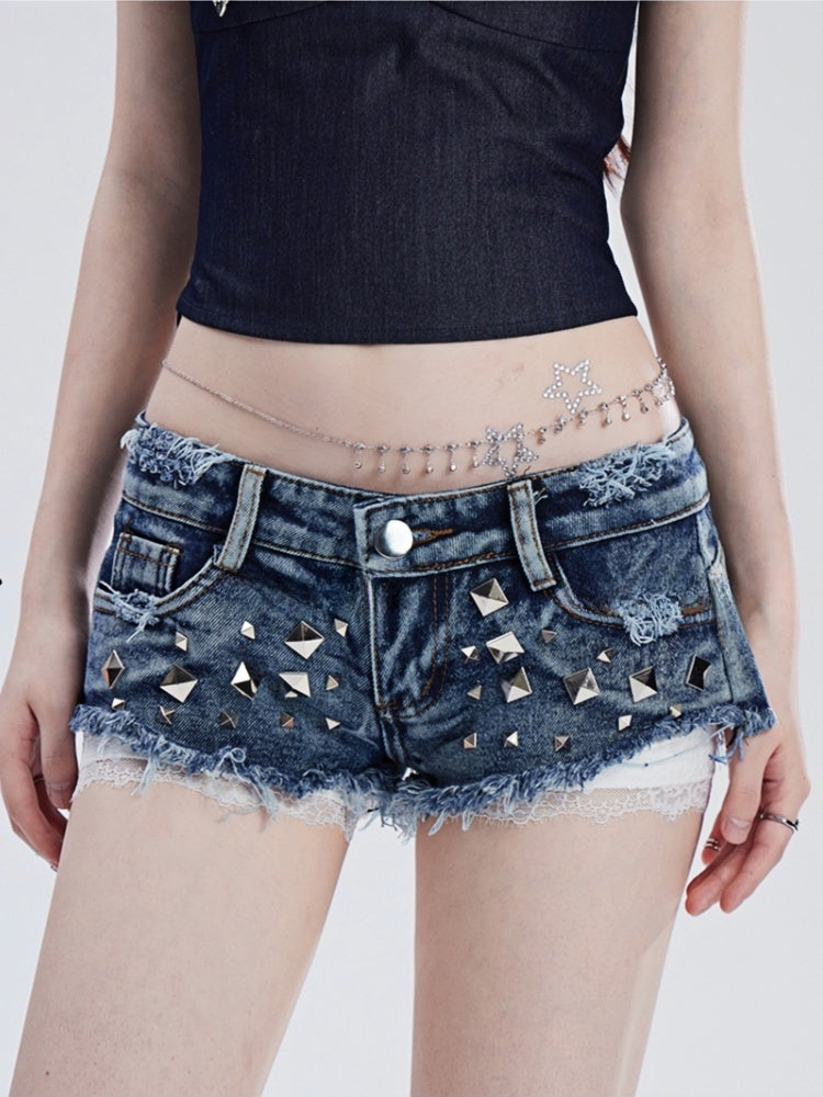 Studded Waist Raw Y2K Blue Low Glamorous Denim Shorts Hem